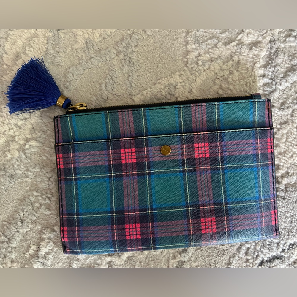 J. Crew Plaid Clutch with Blue Tassel